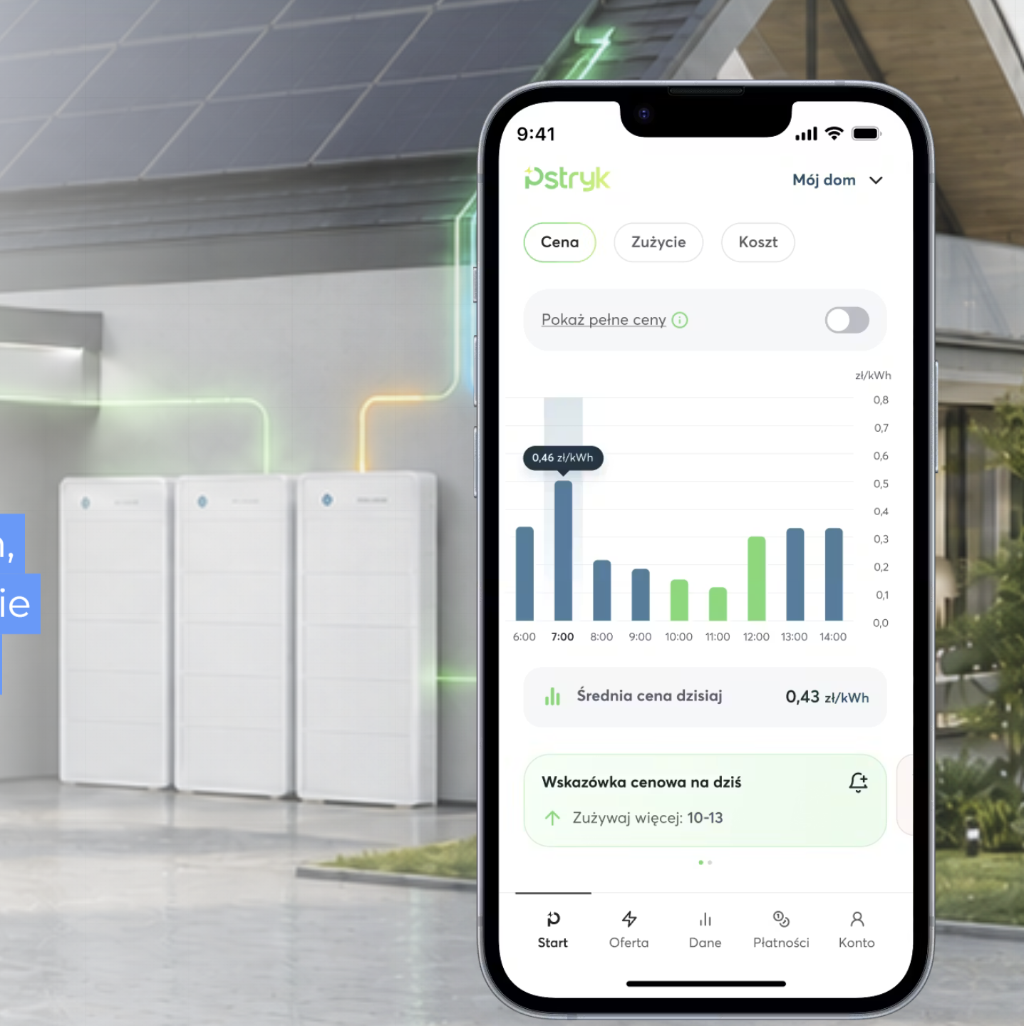 Aplikacja Pstryk pokazująca godzinowe ceny energii w systemie z magazynem Sigenergy
